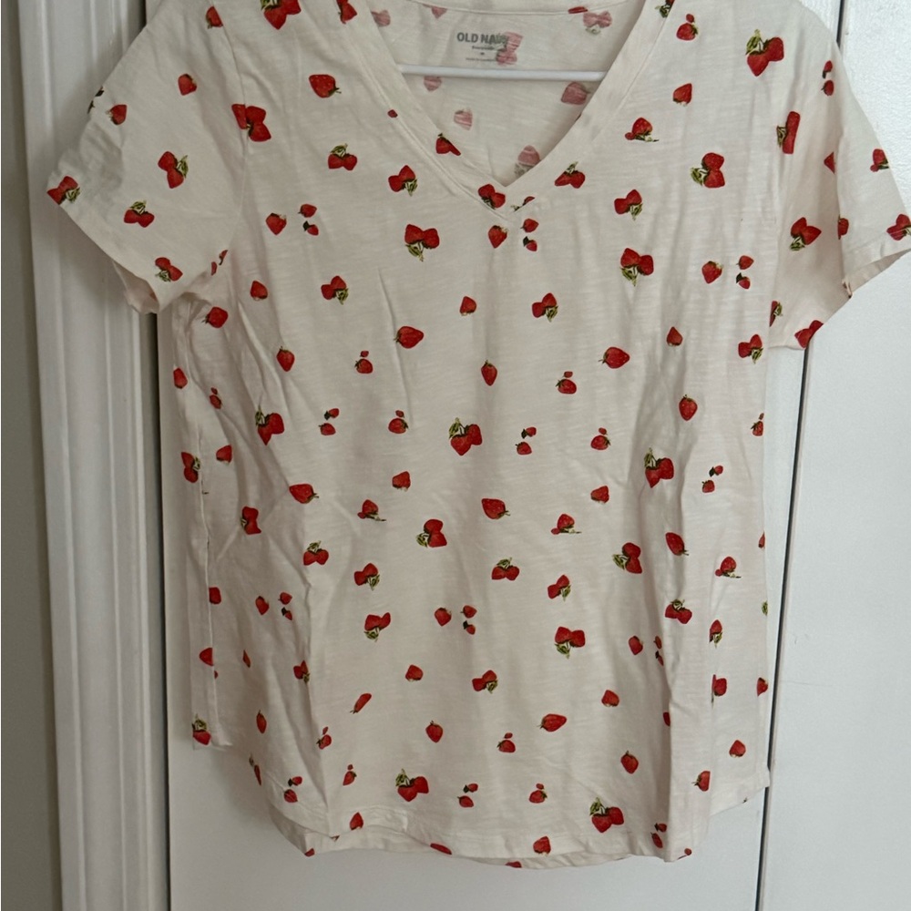 Old Navy White Tee with Red and Green Strawberry Print